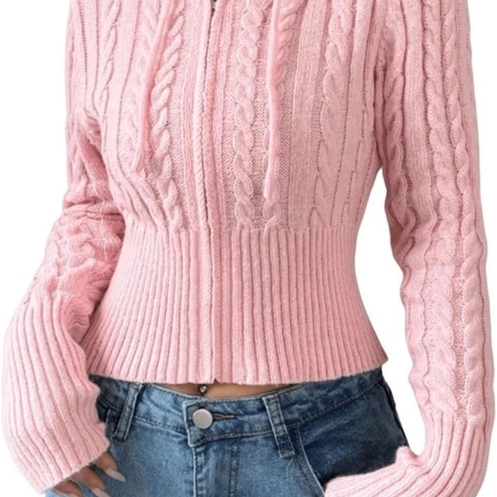 Pink Cable Knit Cropped Zip Hoodie Cardigan Small - Picture 4 of 14